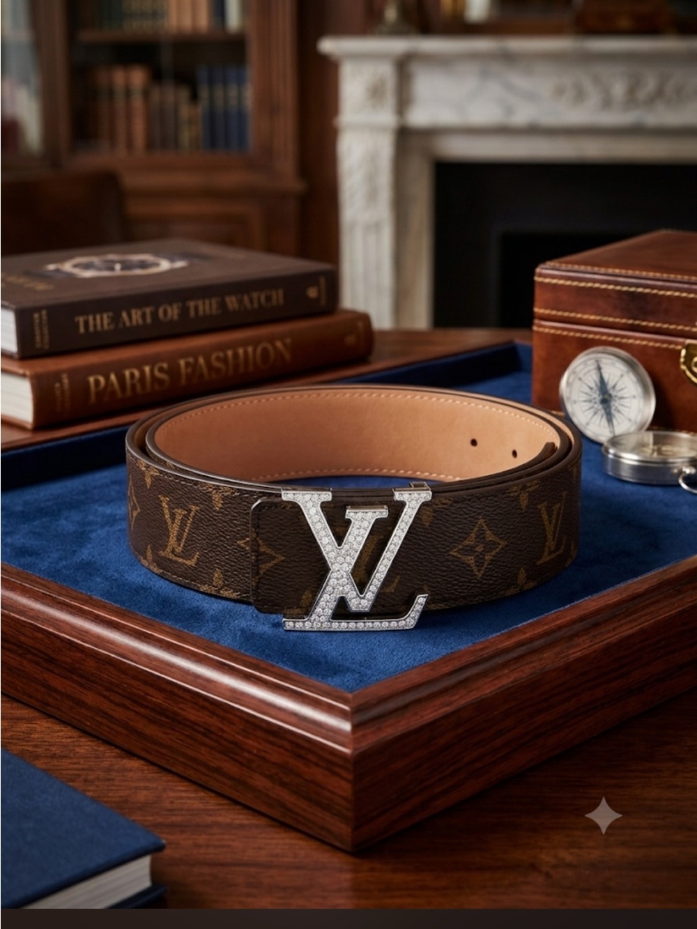 Brown Monogram Leather Belt with Silver LV Buckle